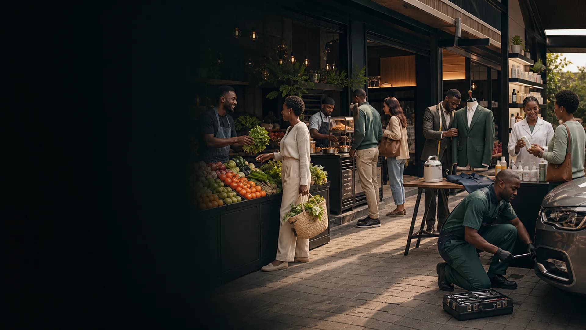 Customers exploring groceries, food, tailoring, wellness, appliances, and auto services in one local marketplace