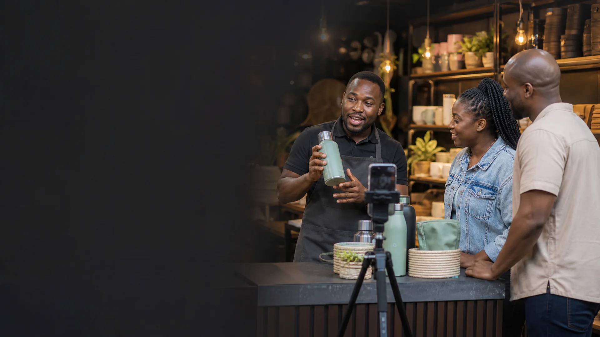 Local merchant demonstrating a product during a moderated shopping event