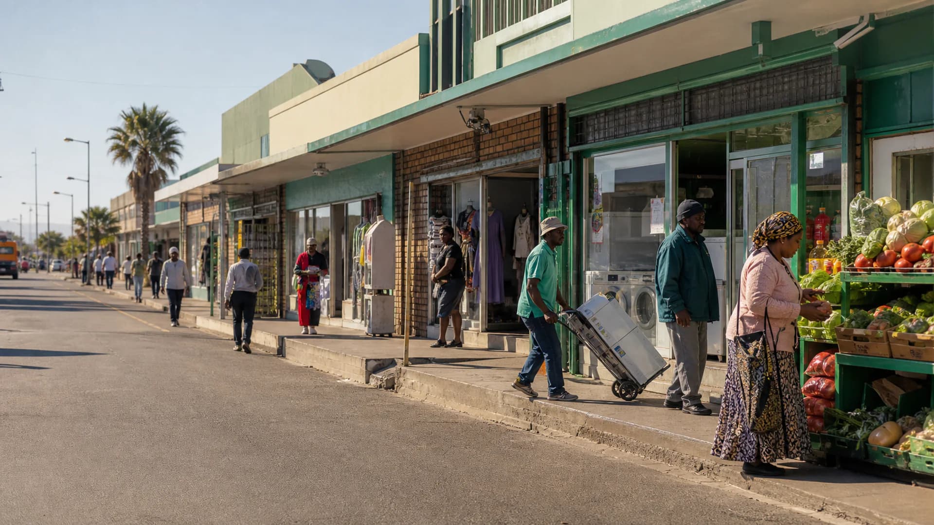 Customers browsing diverse neighbourhood shops along a South African commercial street